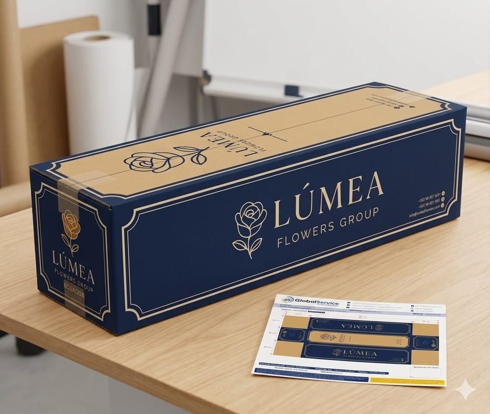 Caja de exportación Lúmea Flowers Group con diseño de marca